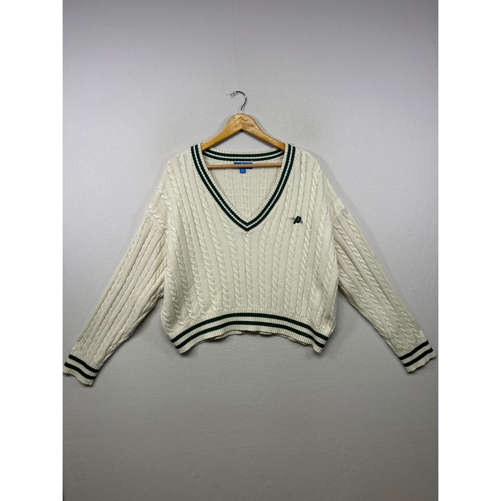 Preppy Tenniscore Prince Pickleball Womens XXL Cream Green Cable Knit Sweater